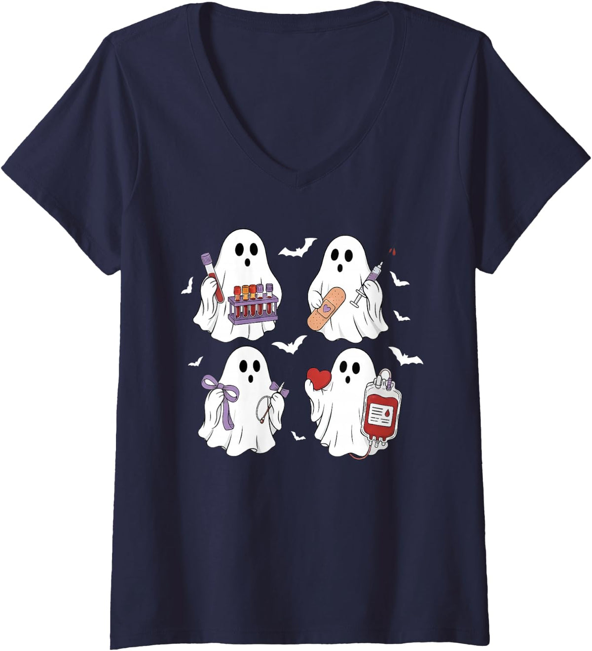 Women's Phlebotomy Laboratory Funny Ghost Phlebotomist Halloween V-Neck T-Shirt - Navy Blue