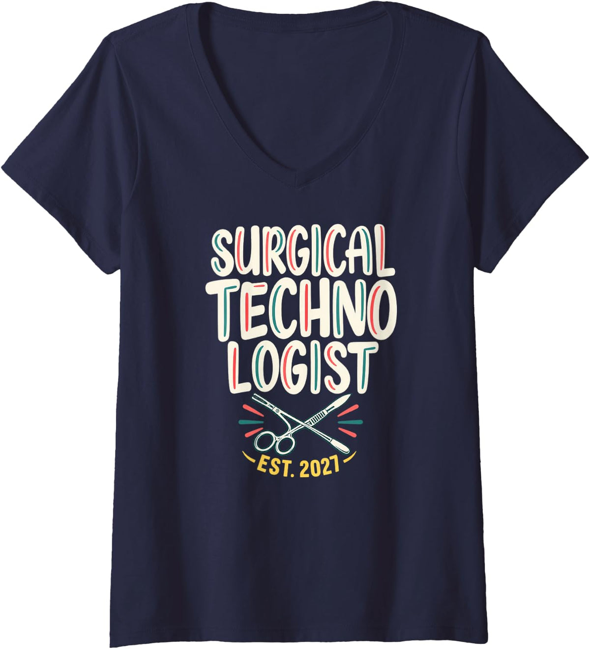 Women's Surgical Technologist Est 2027 Scrub Tech Graduation V-Neck T-Shirt - Navy Blue
