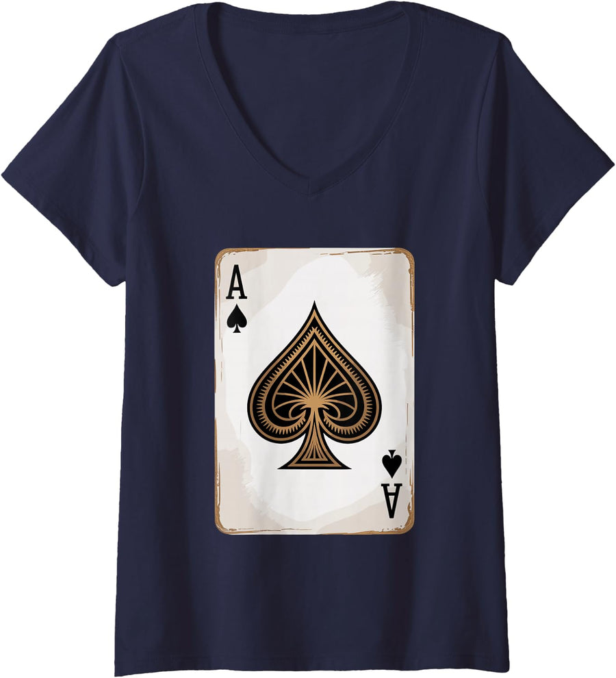 Women's Ace of Spades Playing Card Graphic V-Neck T-Shirt - Navy Blue