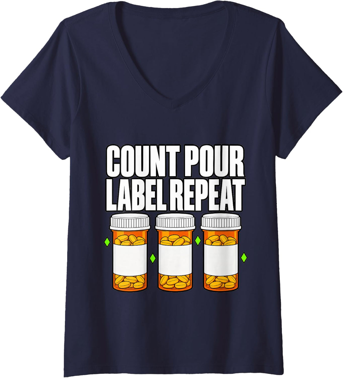 Women's Pharmacy Tech Count Pour Label Repeat Technician Cute Fun V-Neck T-Shirt - Navy Blue