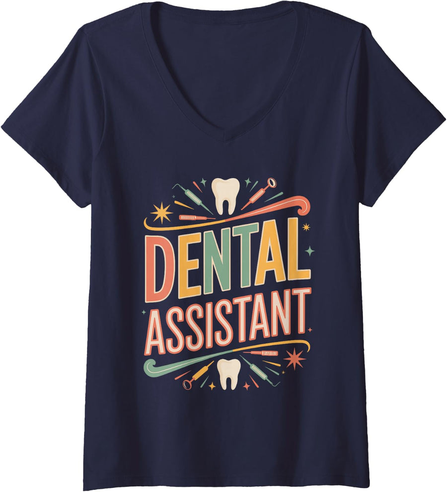 Women's Dental Assistant Modern Typography Design V-Neck T-Shirt - Navy Blue