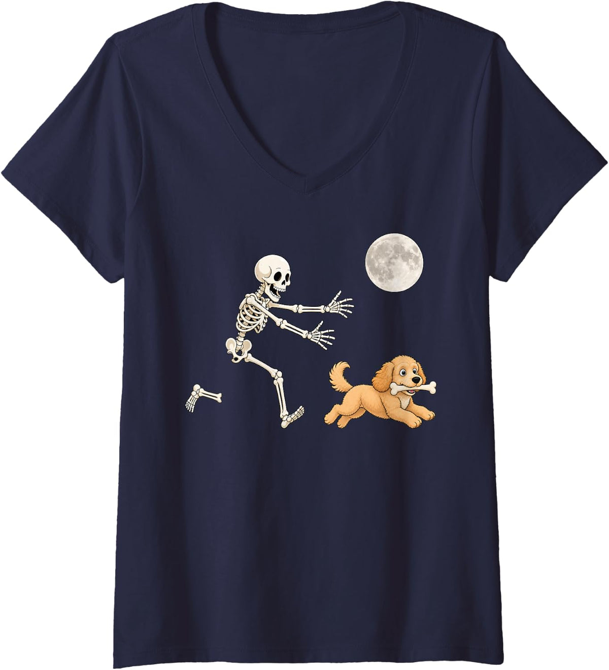 Women's Cockapoo Running Skeleton Retro Halloween Doodle Dog V-Neck T-Shirt - Navy Blue
