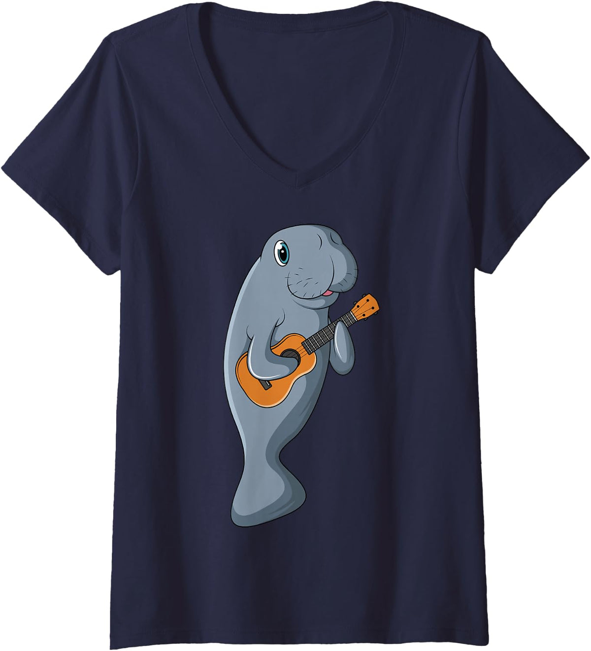 Women's Cute Manatee Playing Teal Ukulele Guitar V-Neck T-Shirt - Navy Blue