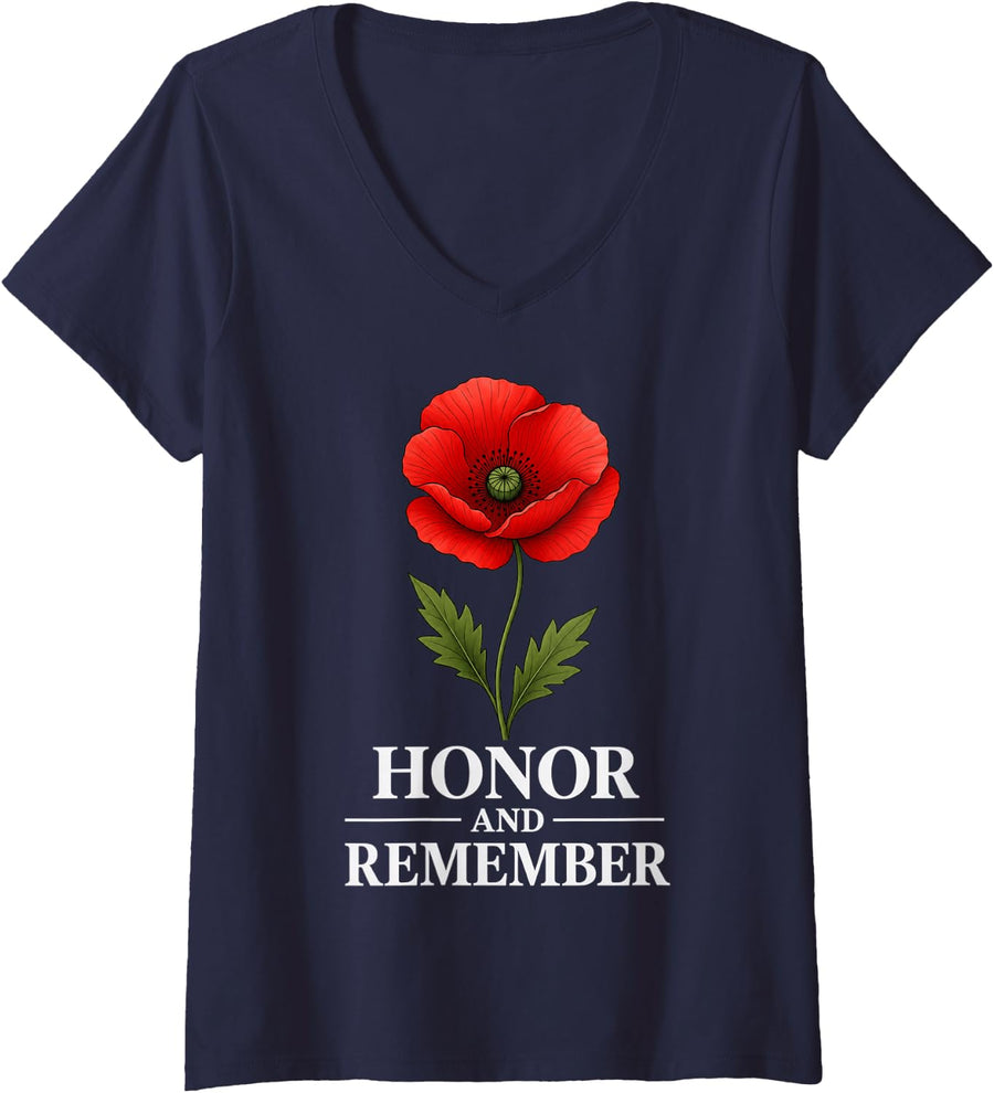 Women's Honor Remember Memorial Day Vintage Poppy Flower Men Women V-Neck T-Shirt - Navy Blue