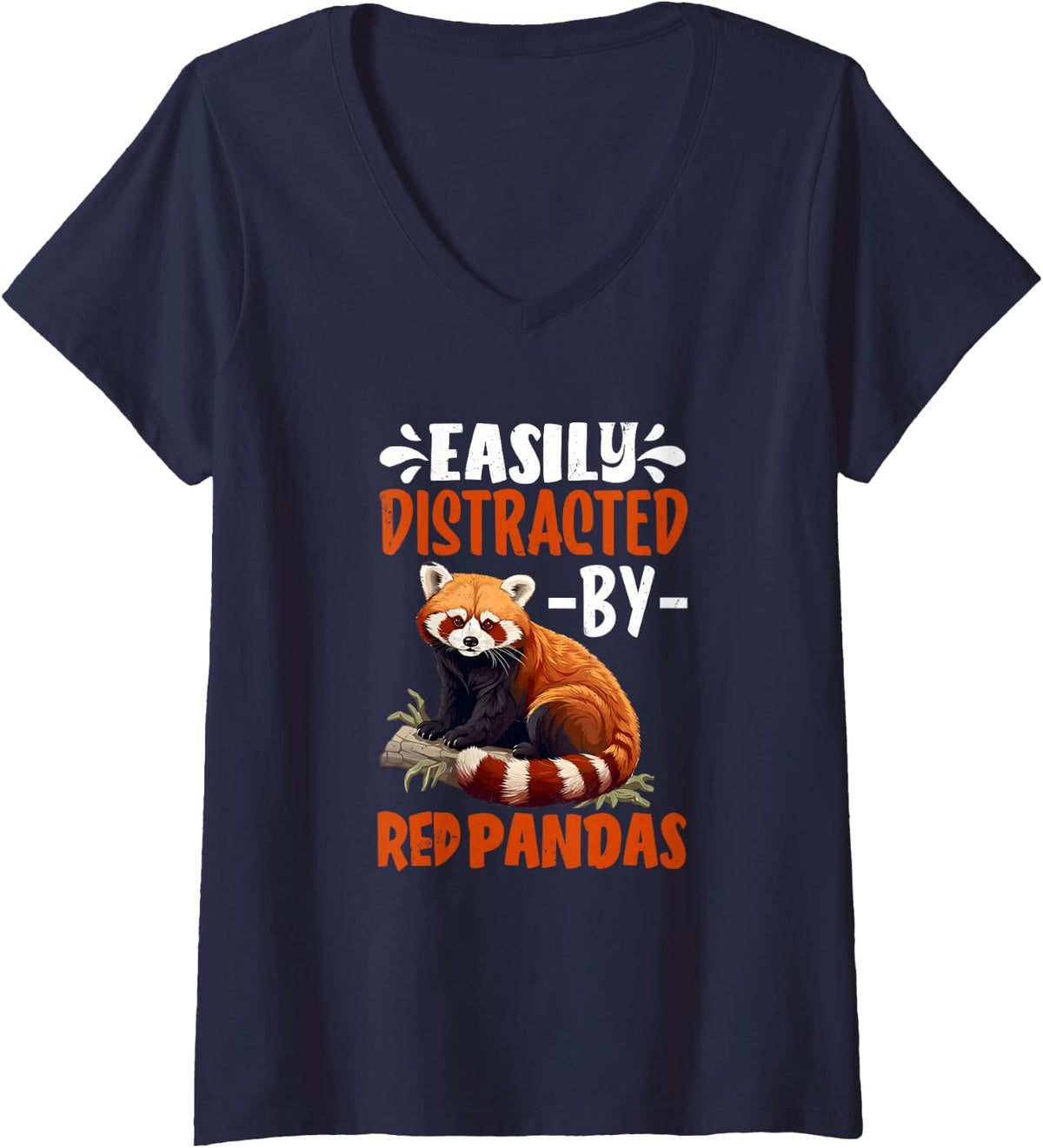 Women's Easily Distracted By Red Pandas Funny Red Panda V-Neck T-Shirt - Navy Blue