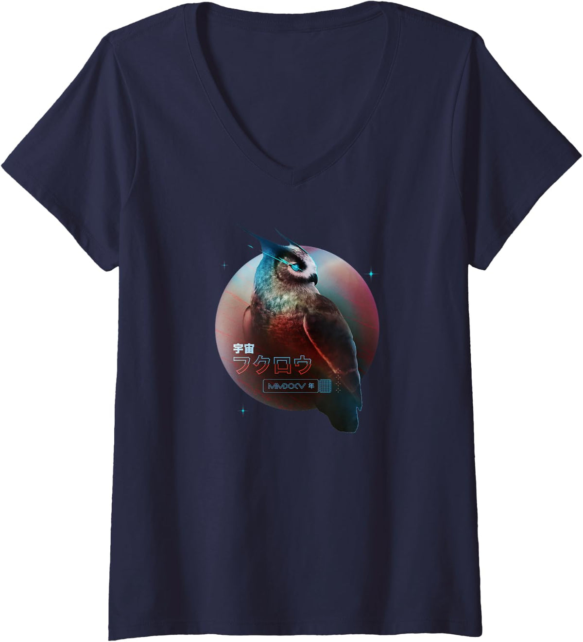 Women's Retro Fantasy Night Owl V-Neck T-Shirt - Navy Blue