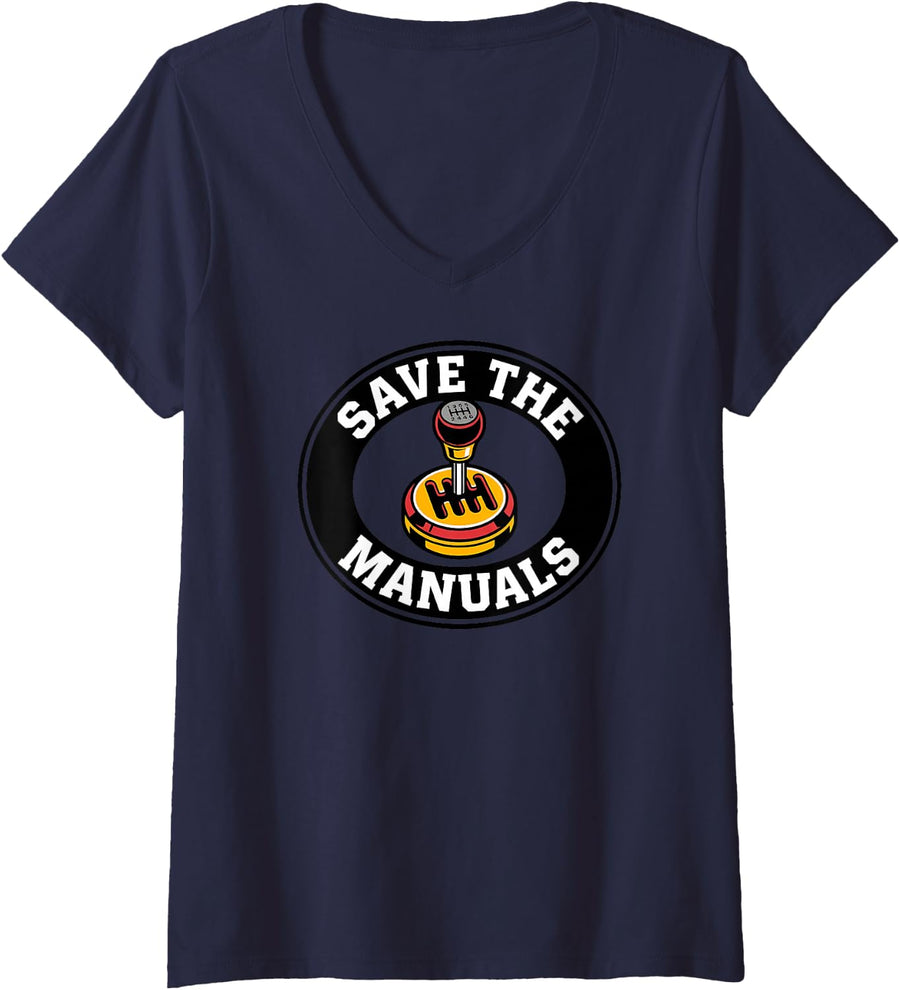 Women's Car Enthusiast Save The Manuals Stick Shift V-Neck T-Shirt - Navy Blue