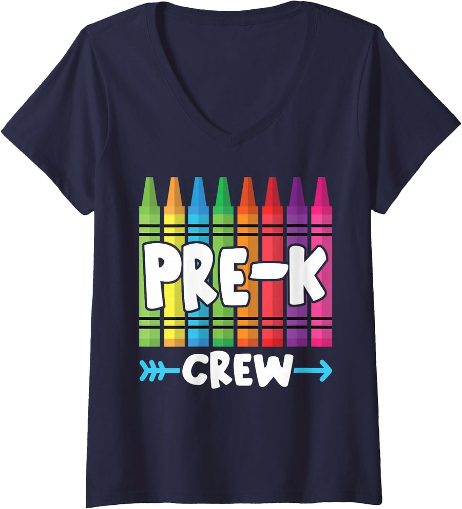 Womens Pre-K Crew Cute Preschool Crayon School Field Day Trip 2025 V-Neck T-Shirt - Navy Blue
