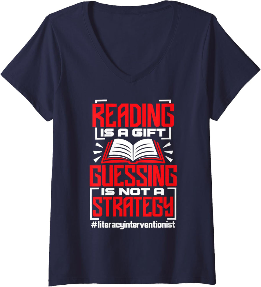 Women's Literacy Interventionist Guessing is Not A Strategy Book V-Neck T-Shirt - Navy Blue