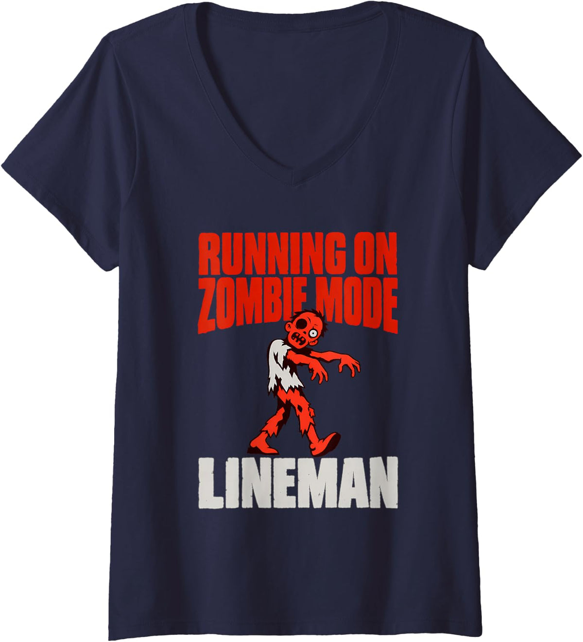 Women's Running on Zombie Mode Lineman Zombie Mode Halloween V-Neck T-Shirt - Navy Blue