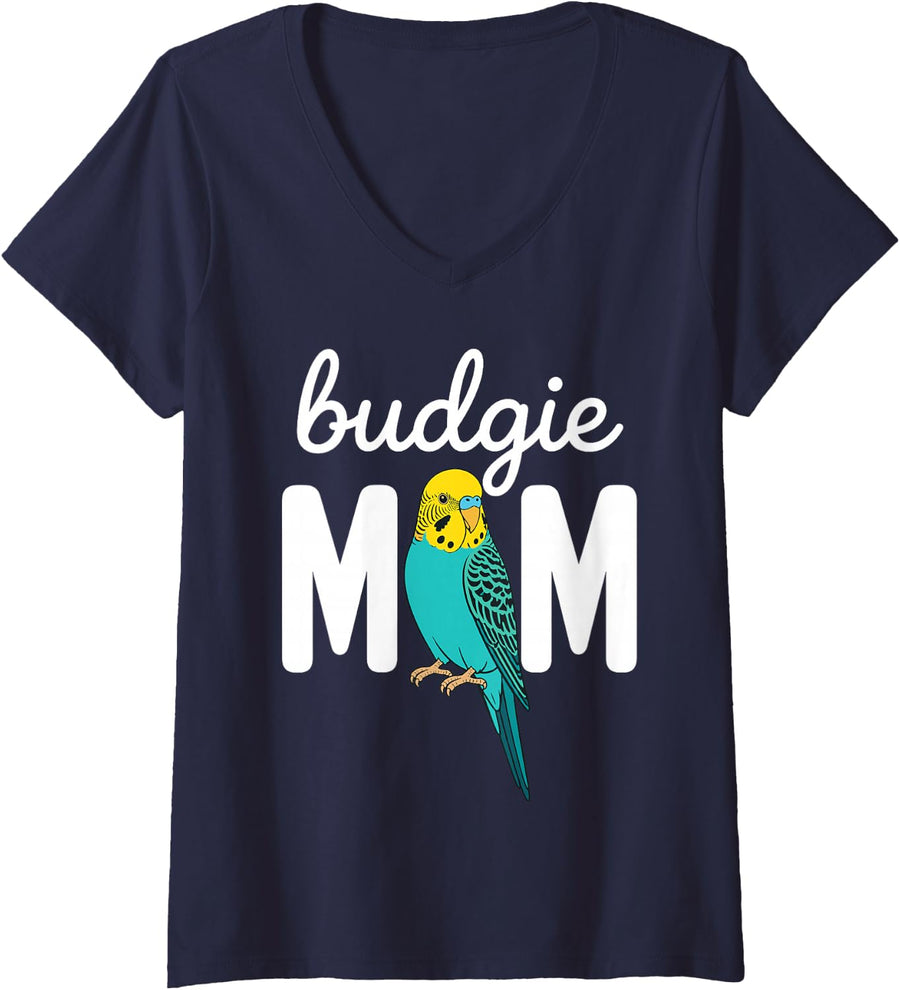 Women's Budgie Mom Art for Women Girls Mom Parakeet Budgie Mom V-Neck T-Shirt - Navy Blue