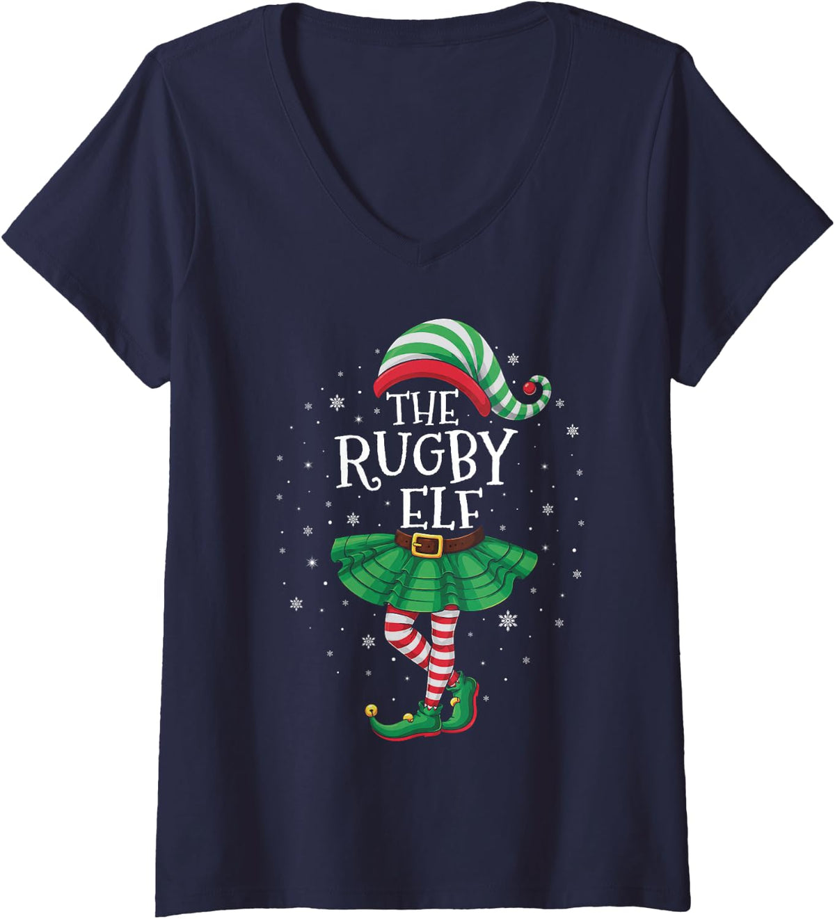 Women's Family Matching Men Women Funny The Rugby Elf Christmas V-Neck T-Shirt - Navy Blue