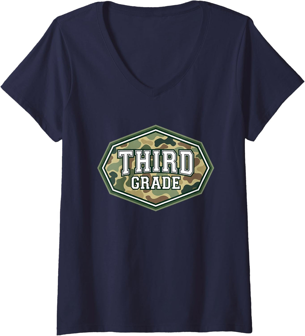 Women's Third Grade Camouflage Back to School Student Kids V-Neck T-Shirt - Navy Blue