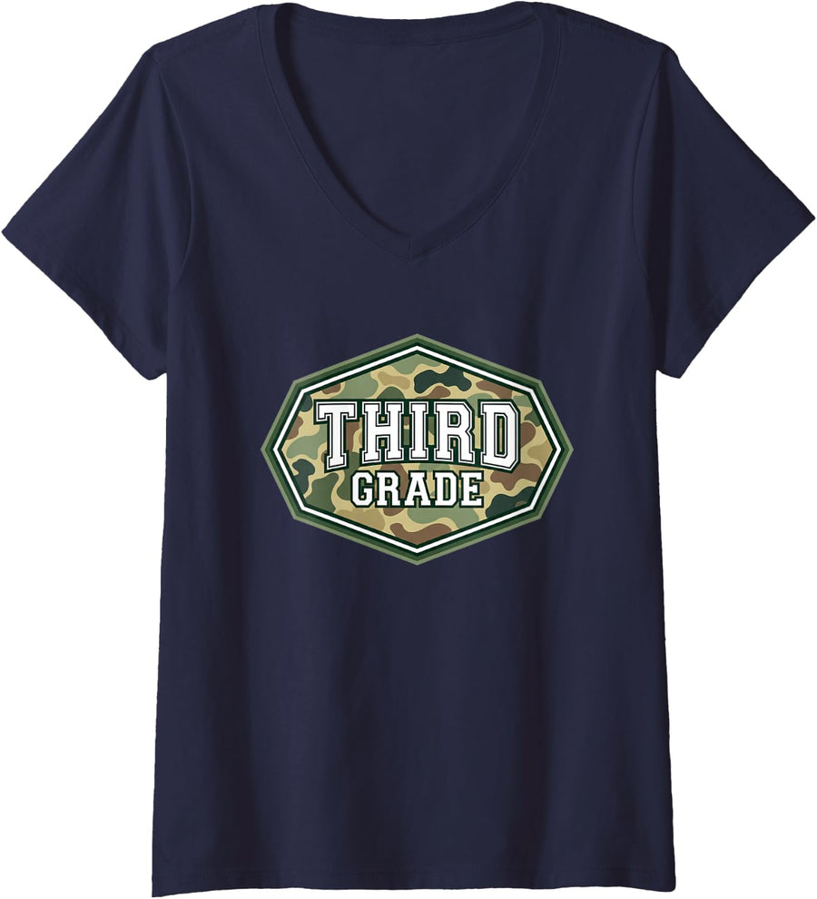 Women's Third Grade Camouflage Back to School Student Kids V-Neck T-Shirt - Navy Blue