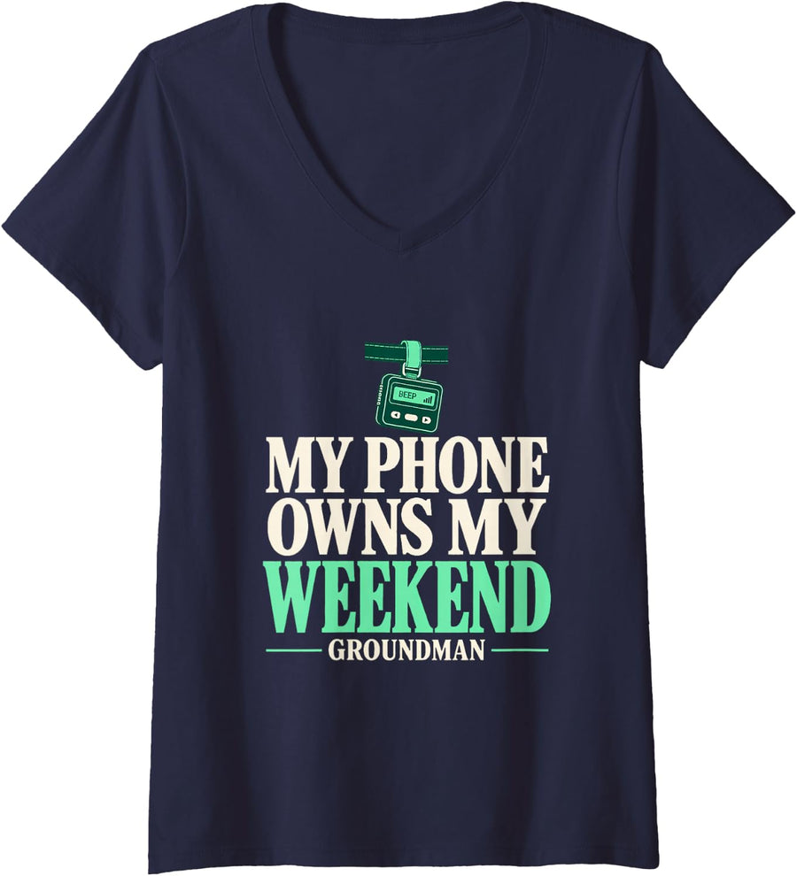 Women's My Phone Owns My Weekend Groundman On Call Standby Lineman V-Neck T-Shirt - Navy Blue