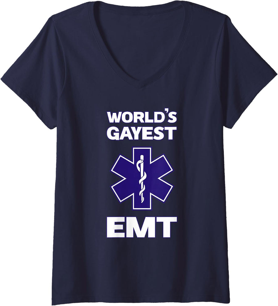 Women's Worlds Gayest EMT Gay Pride Funny EMT Gift Gag Ambulance V-Neck T-Shirt - Navy Blue
