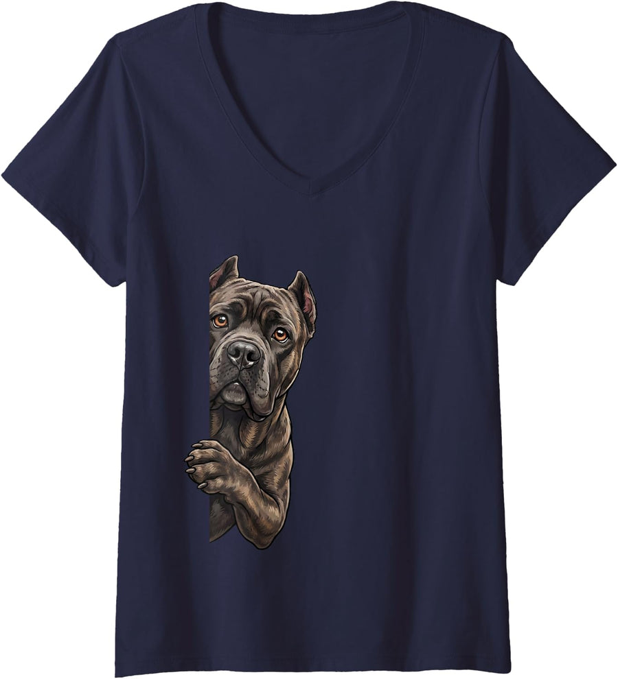 Women's Funny Cane Corso Peeking from Side Dog Owner V-Neck T-Shirt - Navy Blue