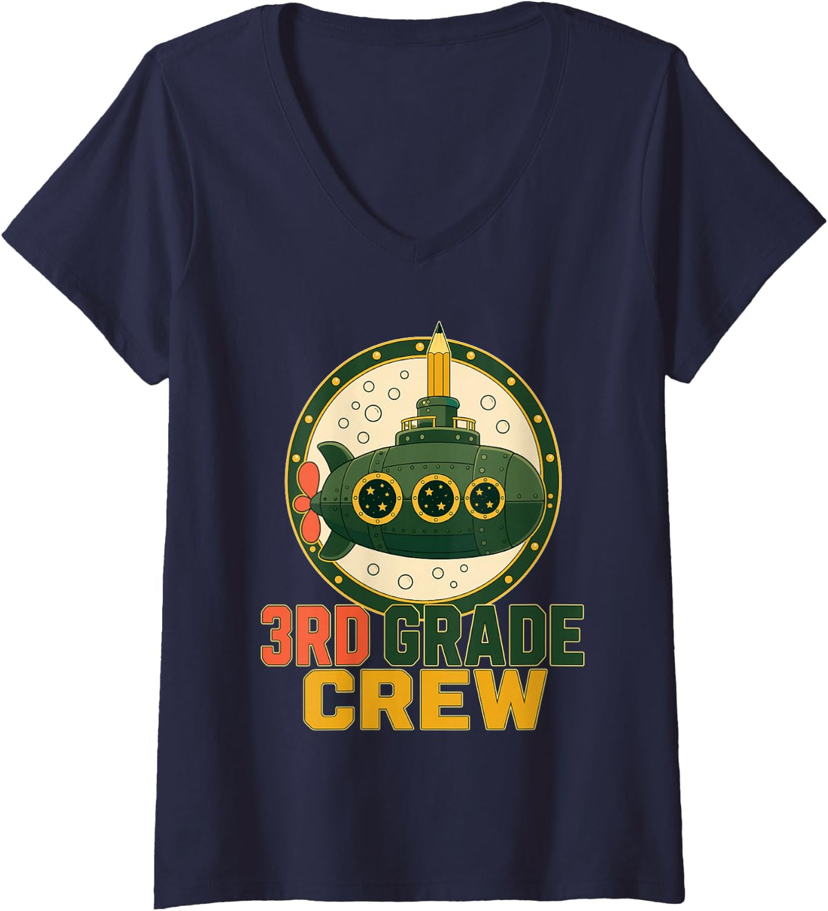 Women's 3rd Grade Crew Teacher Team Submarine Retro V-Neck T-Shirt - Navy Blue