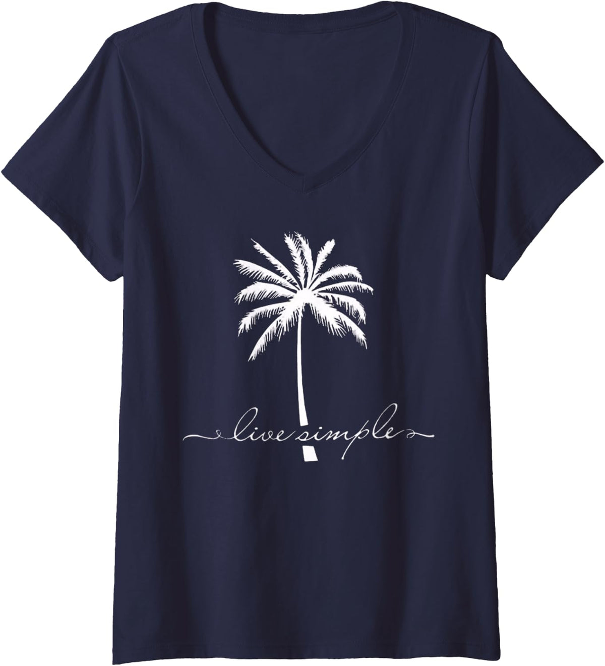 Womens Palm Tree Live Simple Summer Vacation V-Neck T-Shirt - Navy Blue