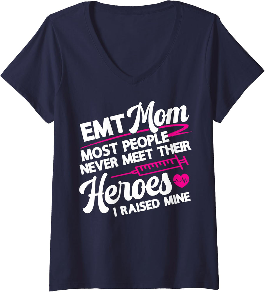 Women's EMT Mom I Raised Mine Proud First Responder Mom V-Neck T-Shirt - Navy Blue