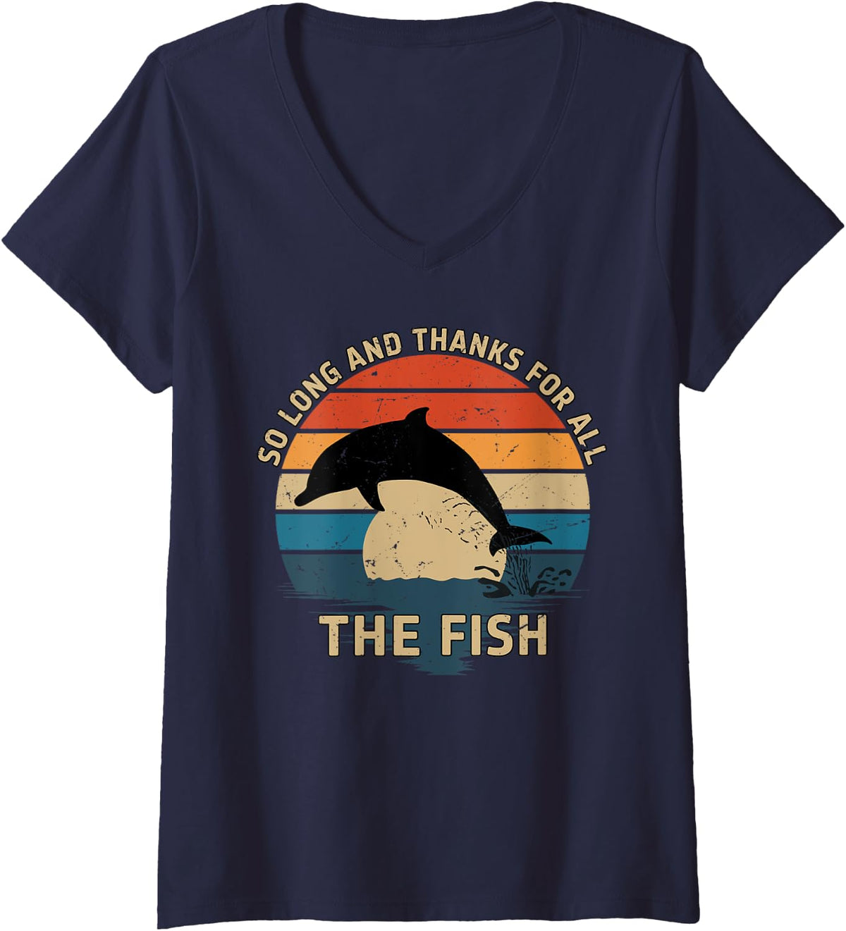 Womens So Long And Thanks For All The Fish Vintage V-Neck T-Shirt - Navy Blue