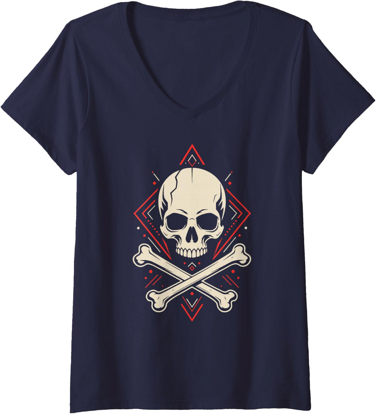 Women's Dark Skull Crossbones Goth Skull Cap V-Neck T-Shirt - Navy Blue