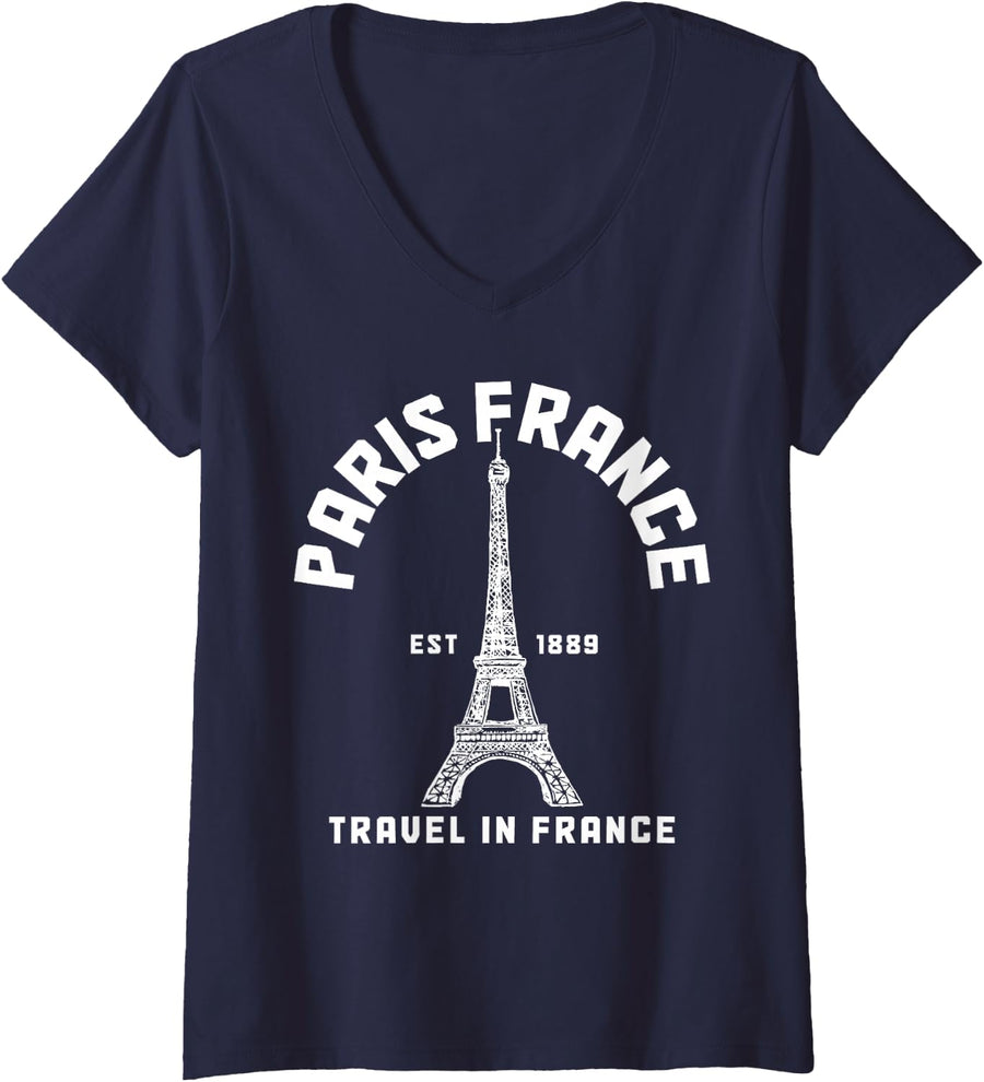 Women's Paris France Eiffel Tower French Souvenir Vintage V-Neck T-Shirt - Navy Blue