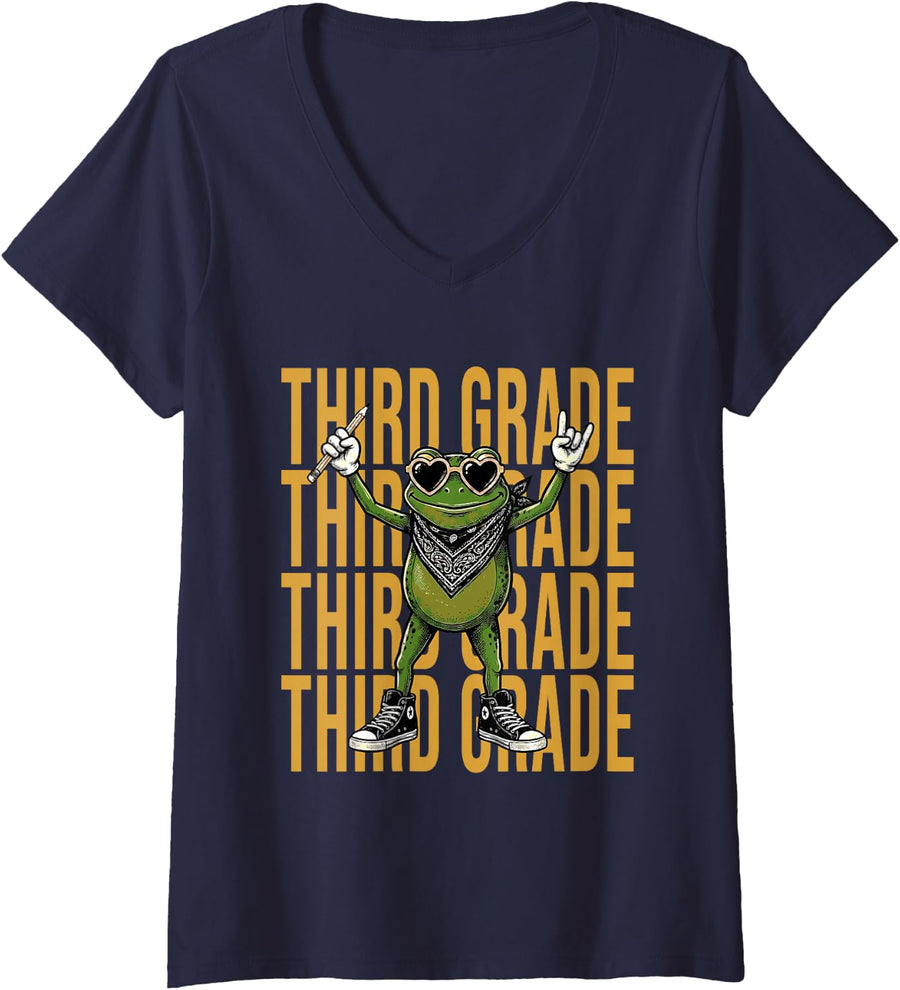 Women's Third Grade Frog Teacher Back to School Rock Gesture V-Neck T-Shirt - Navy Blue