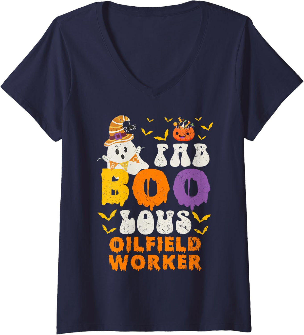Women's Faboolous Oilfield Worker Ghost Halloween Fun V-Neck T-Shirt - Navy Blue