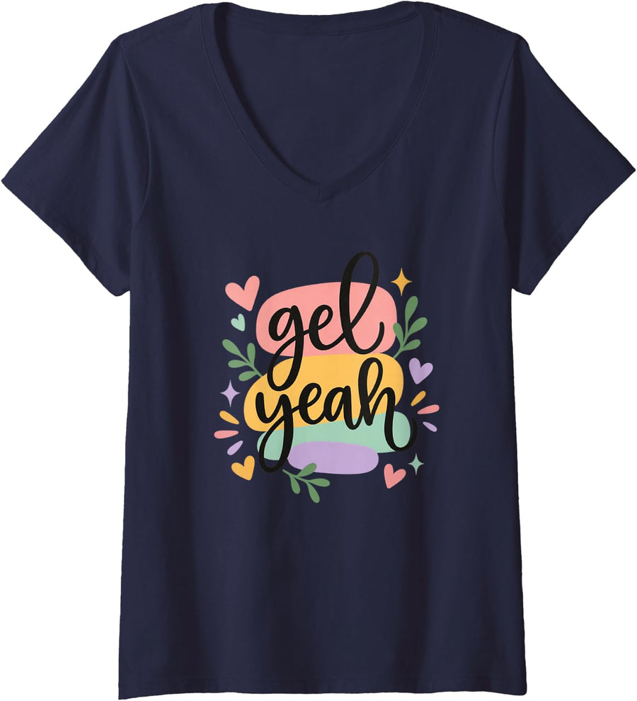 Women's Gel Yeah Sonographer Ultrasound Tech Pastel Work Joke V-Neck T-Shirt - Navy Blue