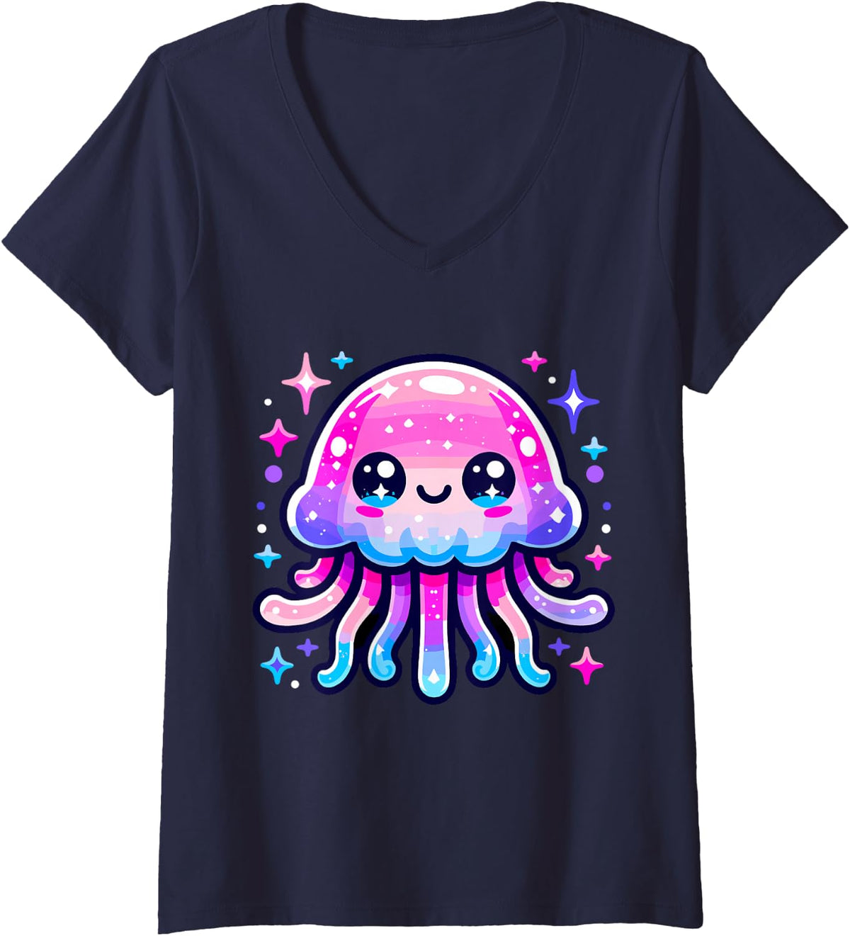 Women's Cute Jellyfish Kawaii V-Neck T-Shirt - Navy Blue