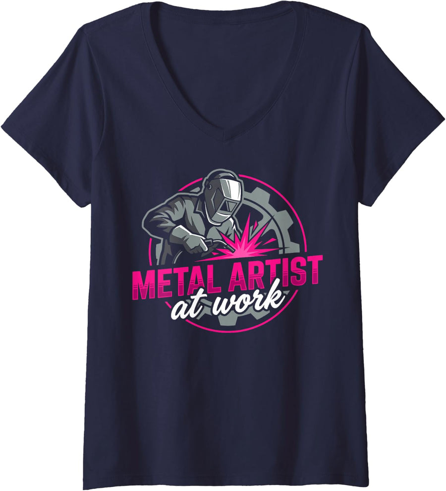 Women's Metal Artist At Work Welder Welding Tee Metalworker V-Neck T-Shirt - Navy Blue