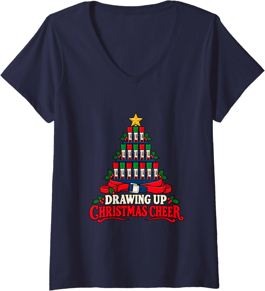 Women's Drawing Up Christmas Cheer Funny Phlebotomist V-Neck T-Shirt - Navy Blue