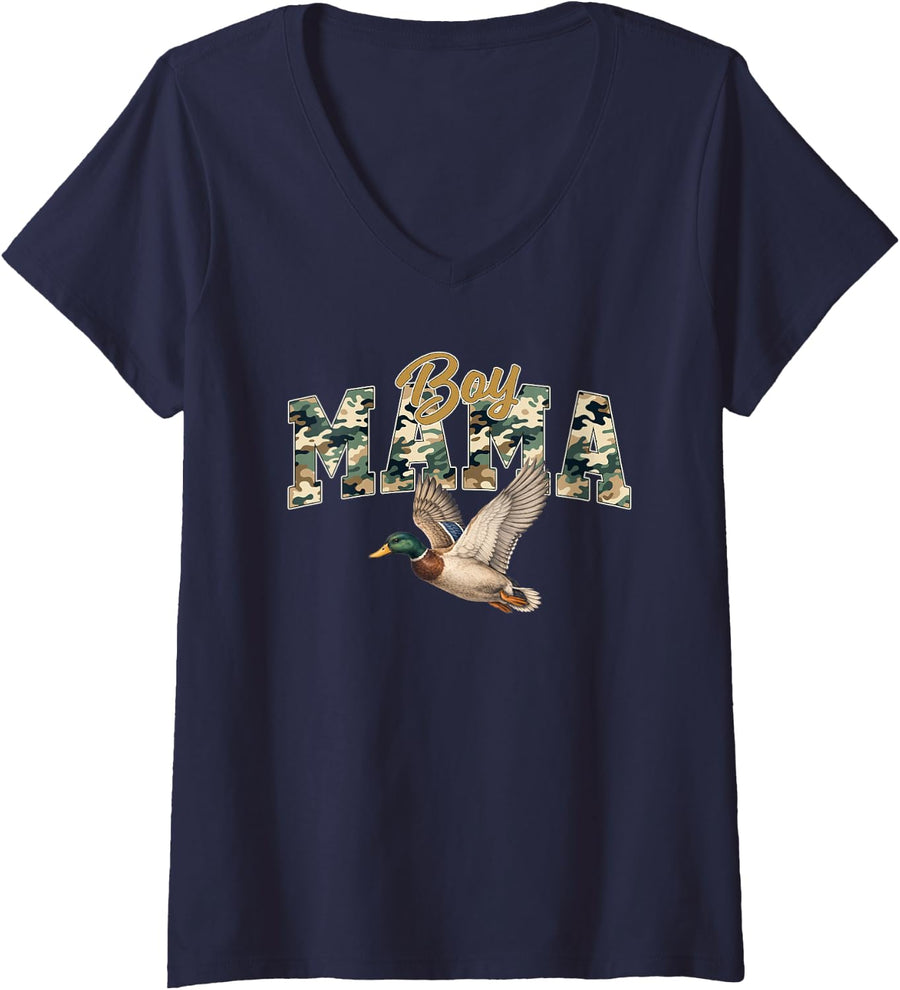 Women's Boy Mama Duck Hunting Camo Family Outdoor Gifts Mother V-Neck T-Shirt - Navy Blue
