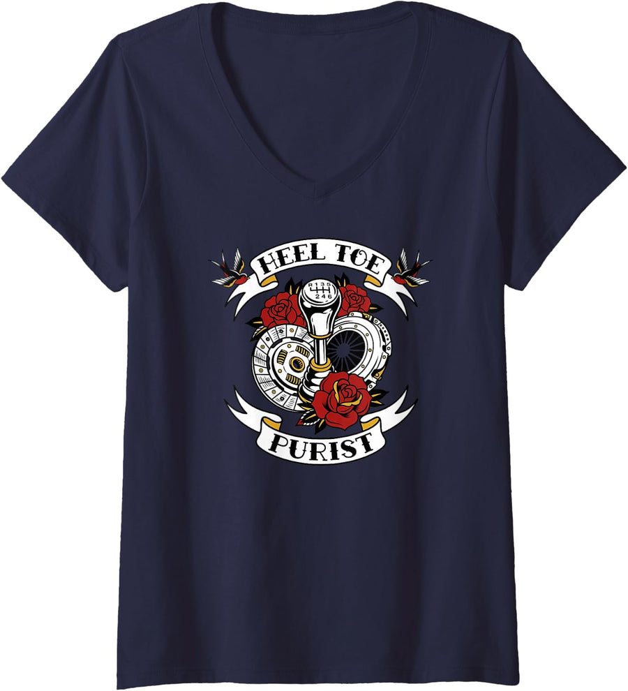 Women's Heel Toe Purist Manual Transmission Auto Racing V-Neck T-Shirt - Navy Blue