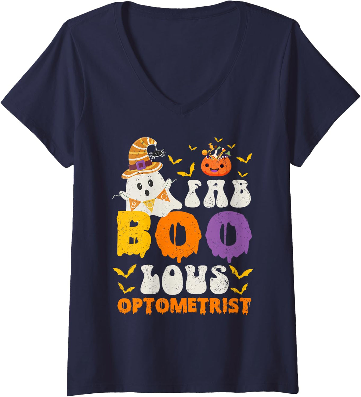 Women's Faboolous Optometrist Ghost Halloween Fun V-Neck T-Shirt - Navy Blue