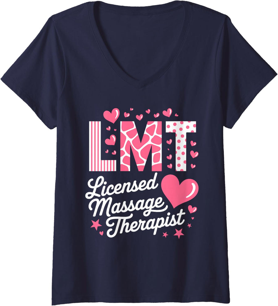 Women's Licensed Massage Therapist Art for Women Girls LMT Massage V-Neck T-Shirt - Navy Blue