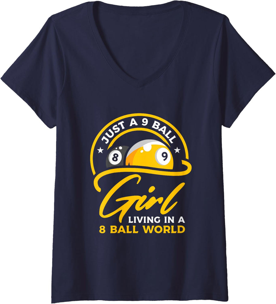 Womens 9 Ball Girls Life in 8 Ball World | Pool Snooker Billiards V-Neck T-Shirt - Navy Blue