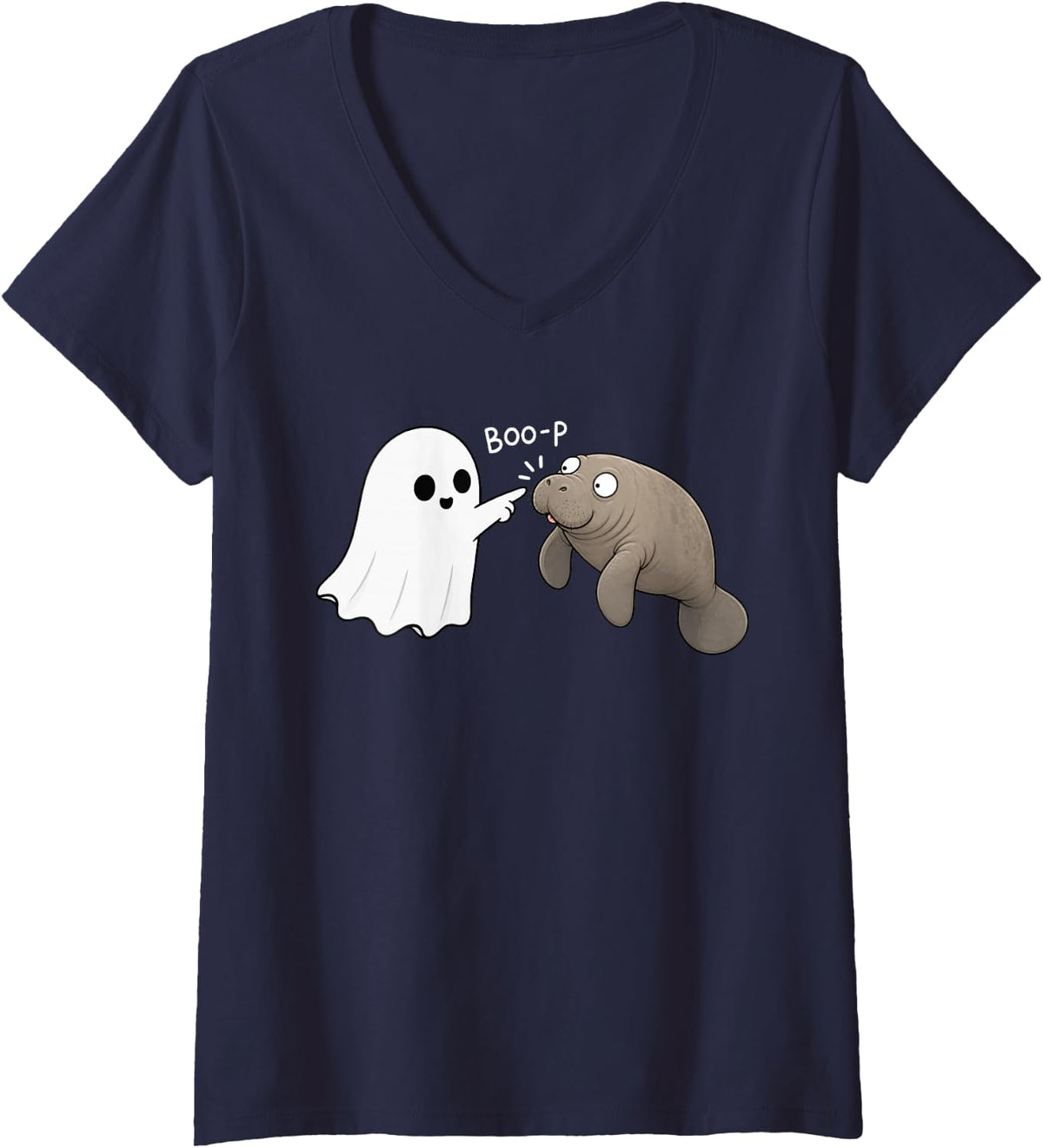 Women's Cute Manatee Boop Ghost Halloween V-Neck T-Shirt - Navy Blue