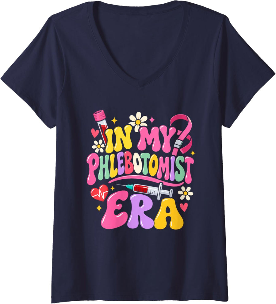 Women's in My Phlebotomist Era Lab Humor V-Neck T-Shirt - Navy Blue