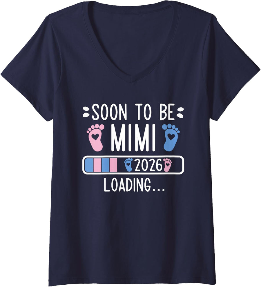 Women's Soon to Be Mimi 2026 Loading Pregnancy Announcement 2026 V-Neck T-Shirt - Navy Blue