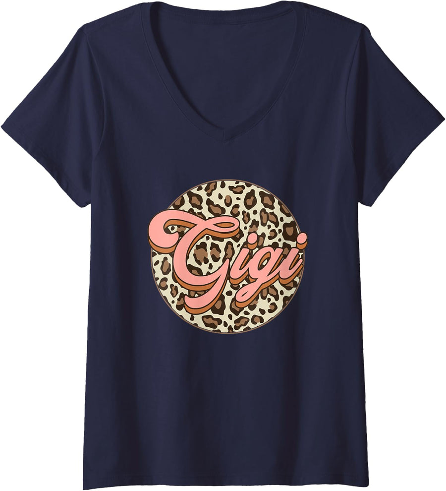 Women's Gigi Circle Leopard Print Matching Family Retro Mothers Day V-Neck T-Shirt - Navy Blue