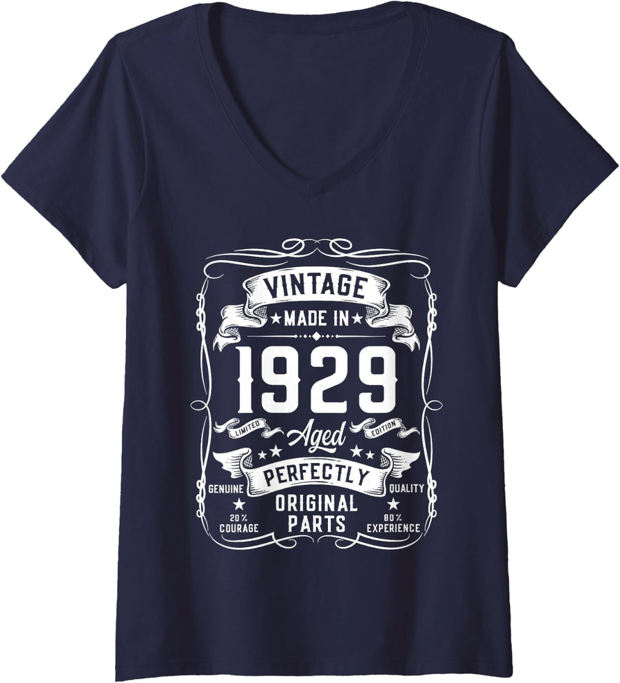 Women's Vintage 1929 97yr 97th Birthday Gifts for Men 97 Years Old V-Neck T-Shirt - Navy Blue