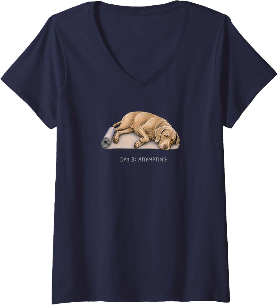 Women's Weimaraner Yoga Dog Day 3 Attempting V-Neck T-Shirt - Navy Blue