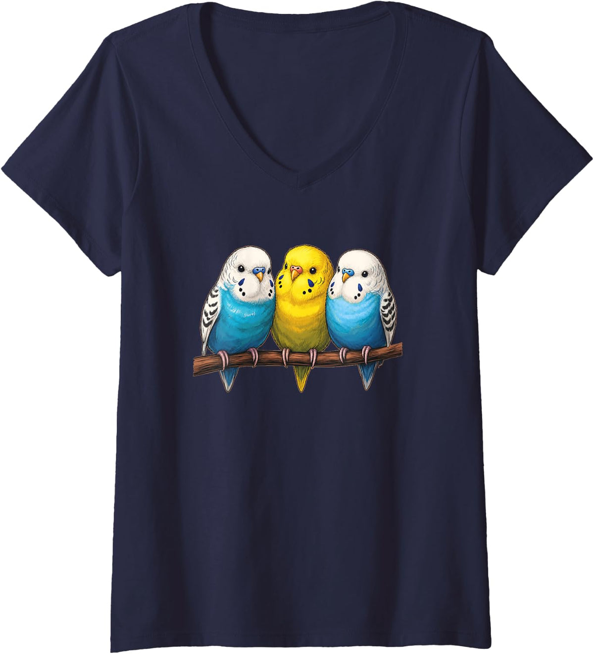 Women's Cute Budgies V-Neck T-Shirt - Navy Blue