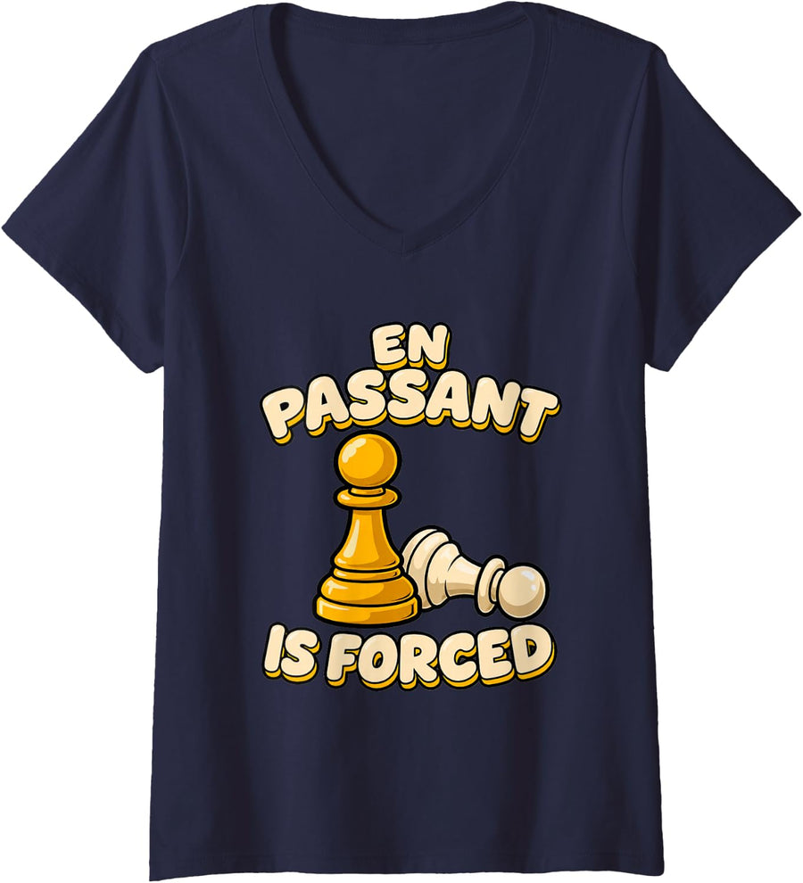 Women's Chess En Passant is Forced Player Funny Board Game V-Neck T-Shirt - Navy Blue