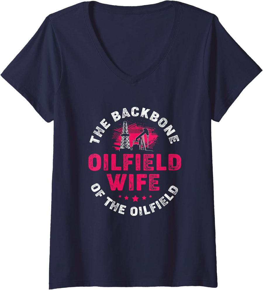 Women's The Backbone of Oilfield Funny Oilfield Wife V-Neck T-Shirt - Navy Blue
