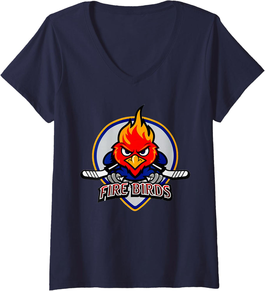 Womens Conceptual Firebirds Ice Hockey Logo Motif American Sports V-Neck T-Shirt - Navy Blue