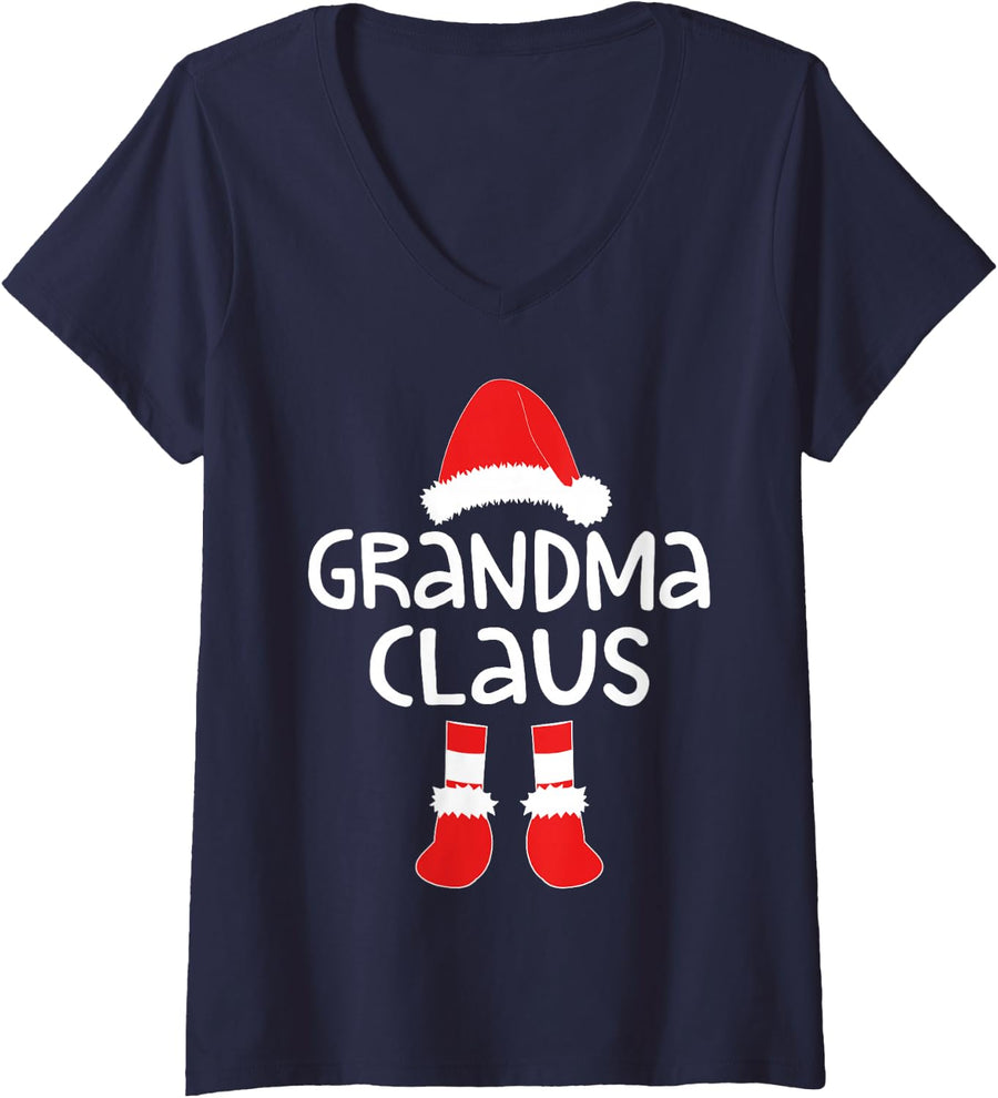 Womens Grandma Claus Shirt Women Matching Grandma Christmas V-Neck T-Shirt - Navy Blue