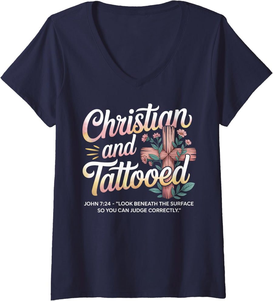Womens Christian And Tattooed Girl Ink Bible Jesus Tattoo Tattooed V-Neck T-Shirt - Navy Blue